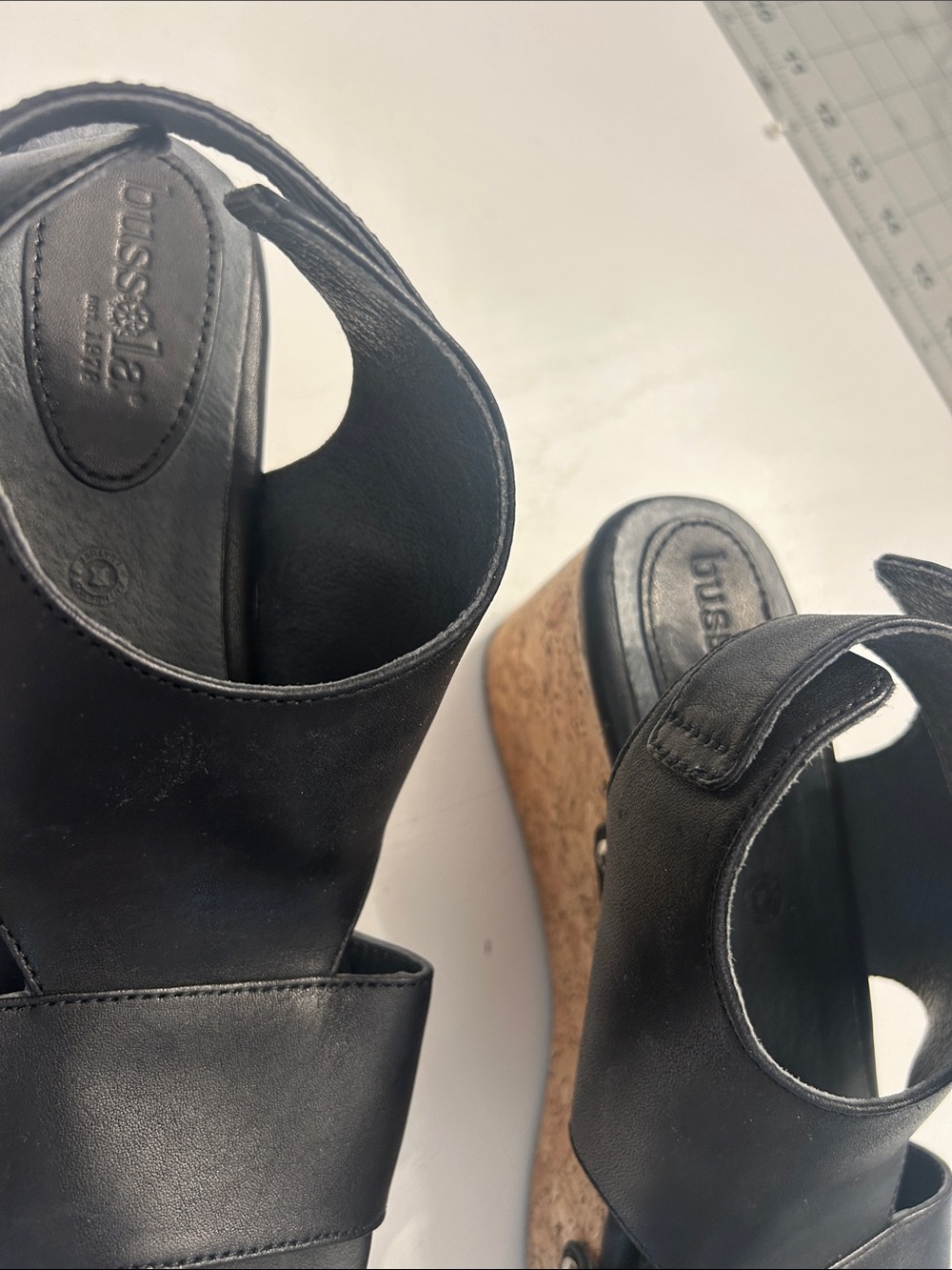 bussola Black Leather Cork Wedge Sandals